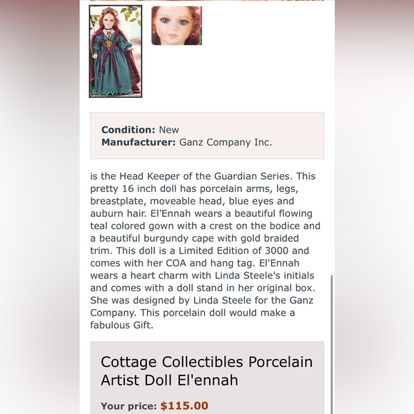 ORIGINAL IN BOX Cottage Collectibles Porcelain Artist Doll El'ennah - 0506/3000 - Picture 5 of 6